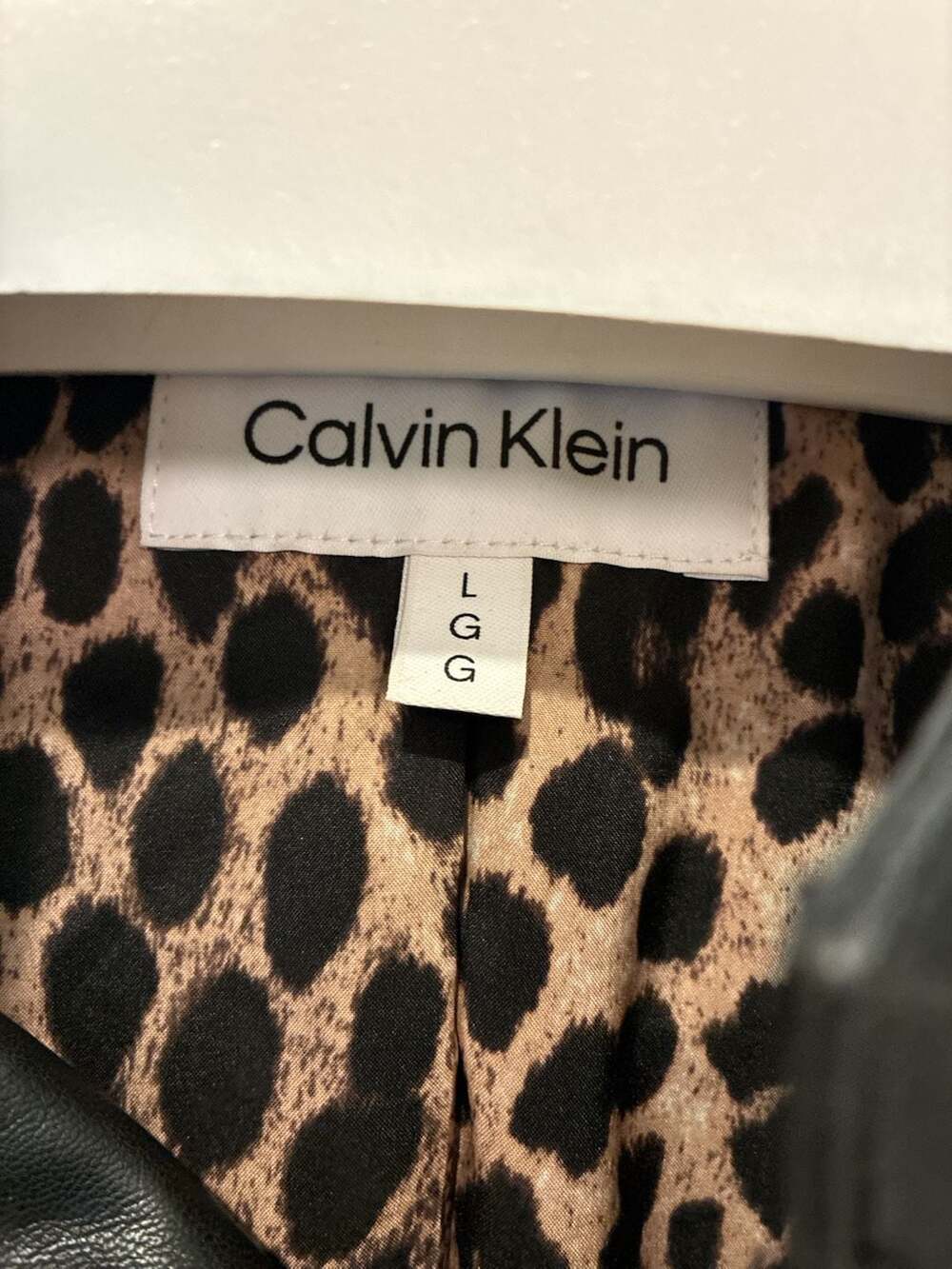 Calvin Klein Faux Leather Jacket, Leopard Print Lining, Size L